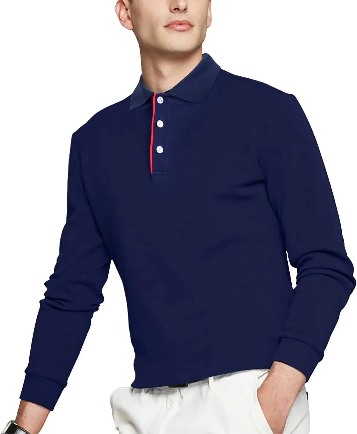 Mens Polo Shirts Cotton Solid Long Sleeve Polo Rugby Shirts