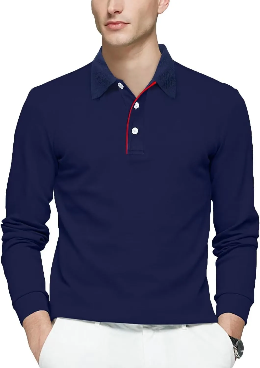 Mens Polo Shirts Cotton Solid Long Sleeve Polo Rugby Shirts