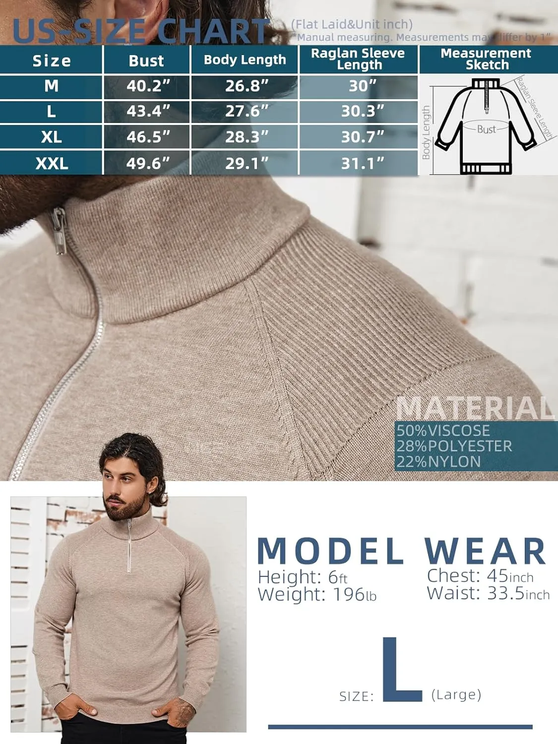 Mens Quarter Zip Pullover Sweater Mock Turtleneck Half Zip Long Sleeve Turtle Neck Knitted Sweaters Fall Fashion