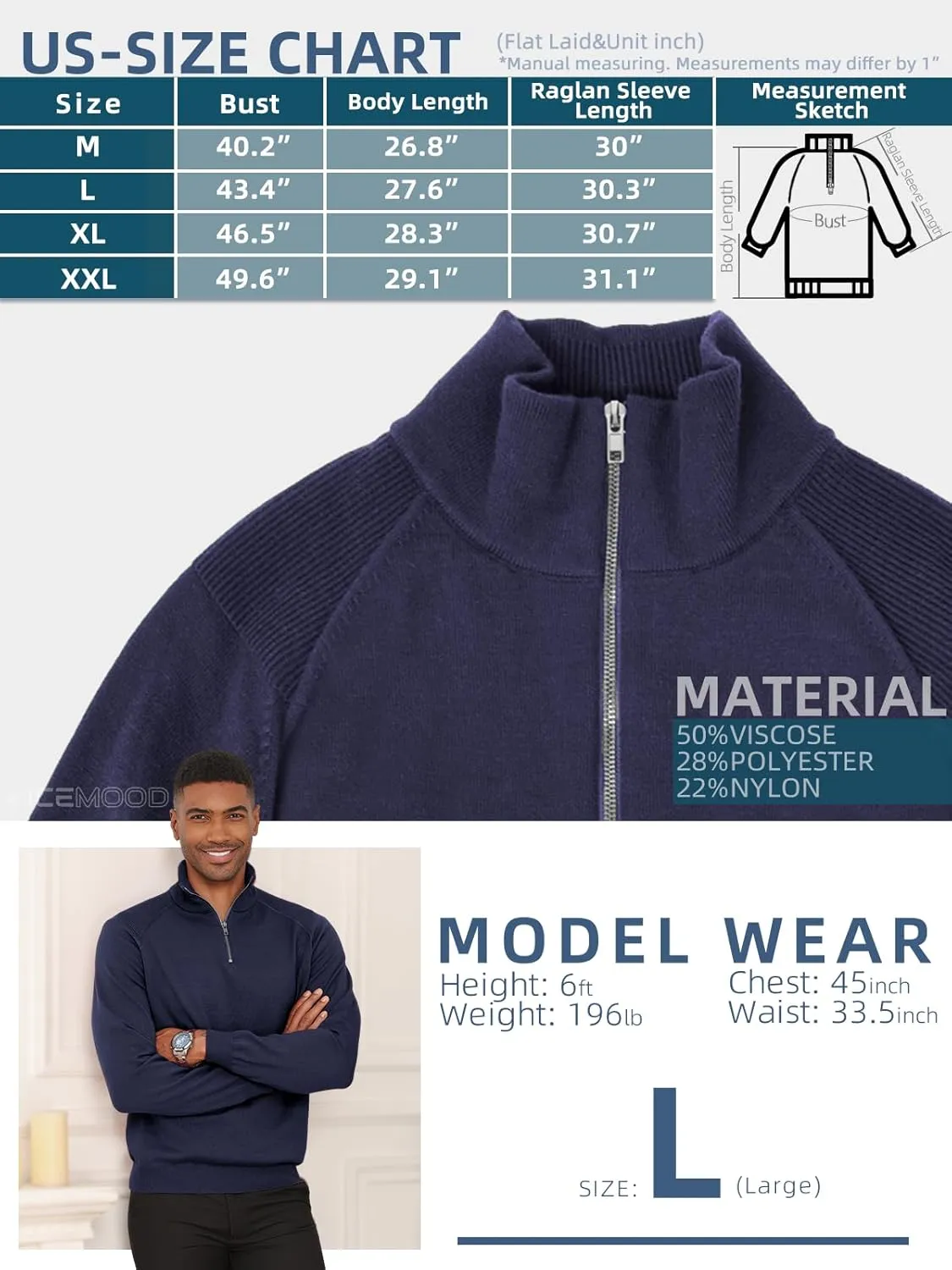 Mens Quarter Zip Pullover Sweater Mock Turtleneck Half Zip Long Sleeve Turtle Neck Knitted Sweaters Fall Fashion