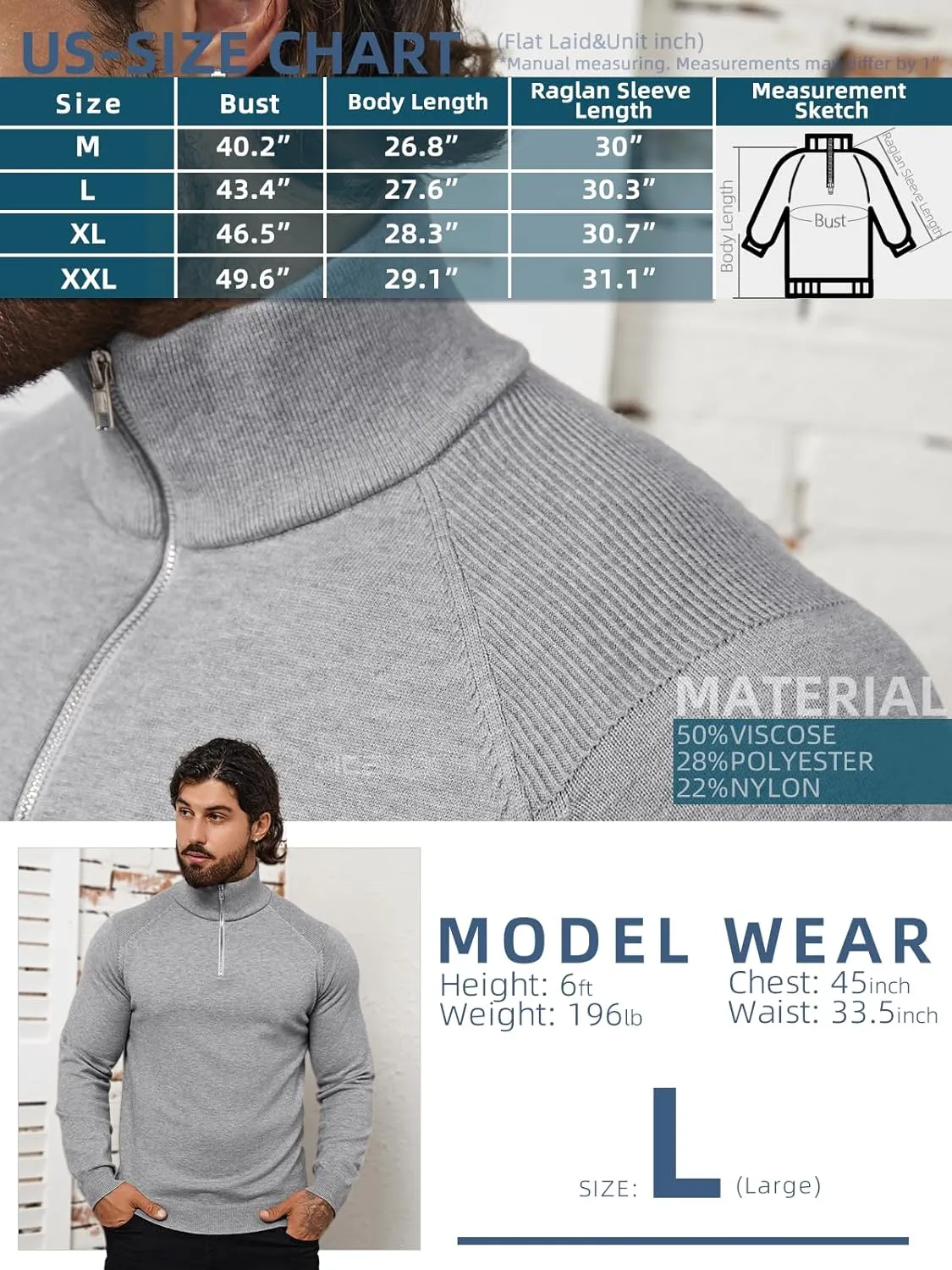Mens Quarter Zip Pullover Sweater Mock Turtleneck Half Zip Long Sleeve Turtle Neck Knitted Sweaters Fall Fashion