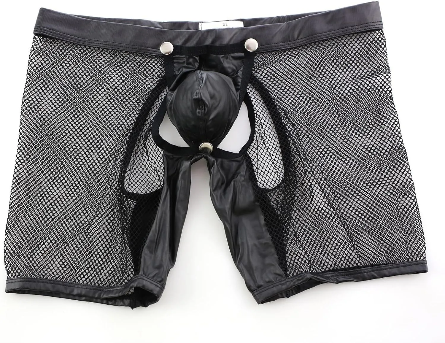 Men's Sexy Mesh Sheer Underwear Shorts Removable Faux Leather Pouch Briefs Breathable See-Through Boxer Shorts Black Erotic Panties Tough Guy Hollow Out Boxer Briefs