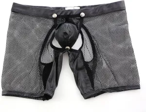 Men's Sexy Mesh Sheer Underwear Shorts Removable Faux Leather Pouch Briefs Breathable See-Through Boxer Shorts Black Erotic Panties Tough Guy Hollow Out Boxer Briefs