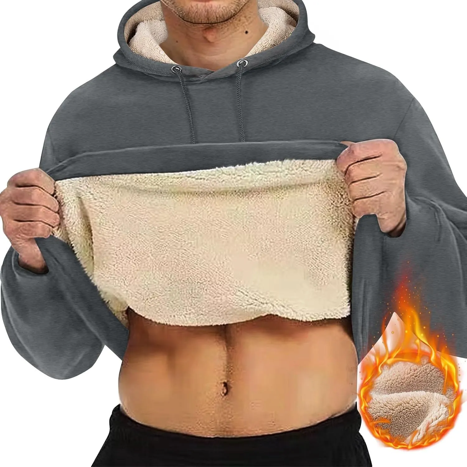 Mens Sherpa Fleece Lined Hoodie Winter Warm Heavyweight Thick Hooded Sweatshirts Kangaroo Pocket Hoodies S-3XL