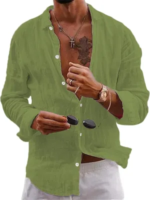 Men's Shirt Cotton Linen Long Sleeve Shirt Solid Color Loose Single-Breasted Lapel T-Shirt