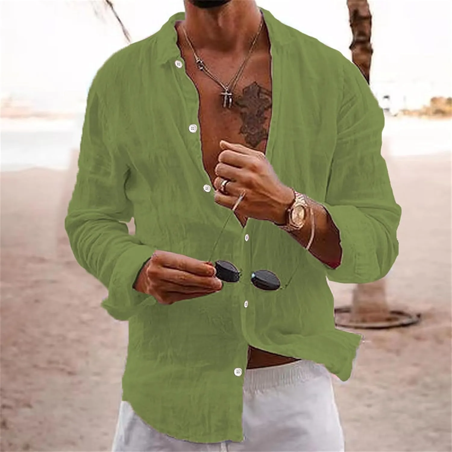 Men's Shirt Cotton Linen Long Sleeve Shirt Solid Color Loose Single-Breasted Lapel T-Shirt