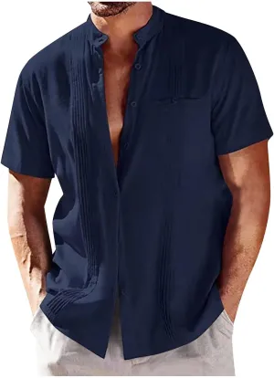 Mens Shirts Linen Shirts for Men Short Sleeve Button Down Shirts Cuban Guayabera Shirt Casual Summer Beach Shirts