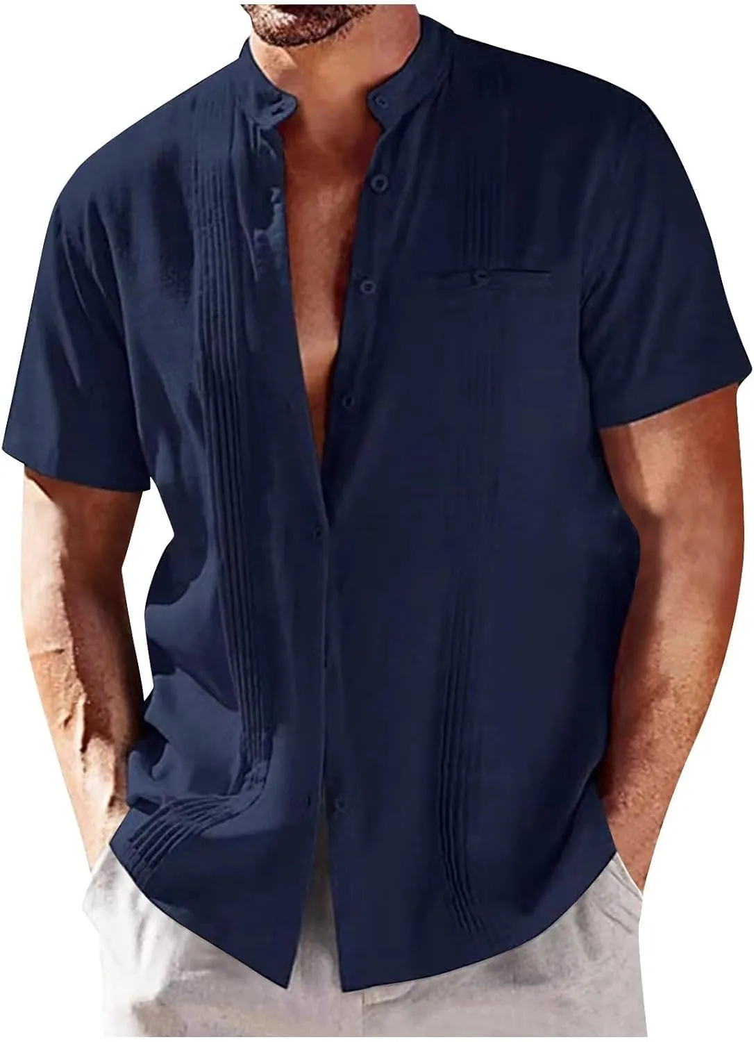 Mens Shirts Linen Shirts for Men Short Sleeve Button Down Shirts Cuban Guayabera Shirt Casual Summer Beach Shirts