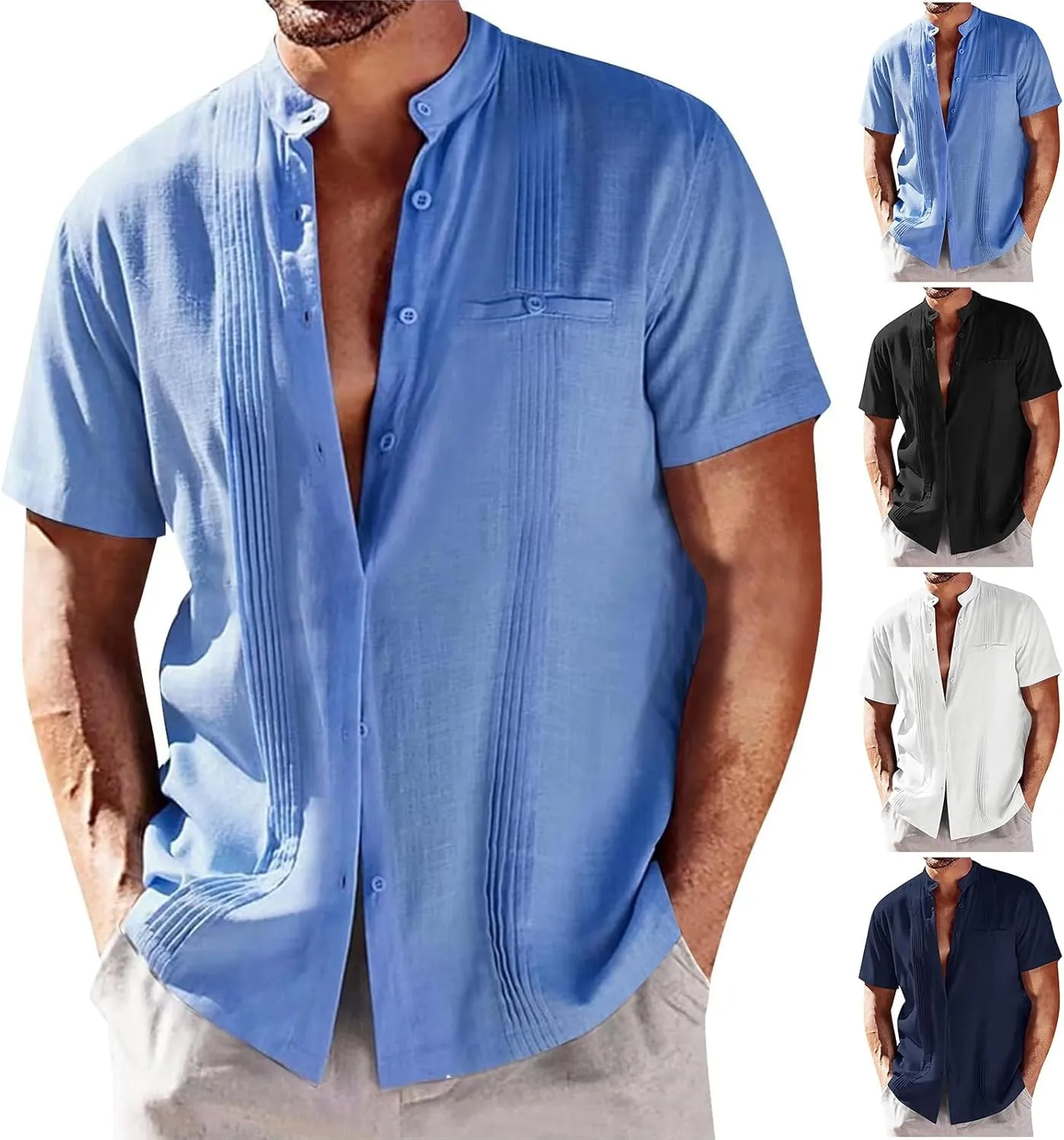 Mens Shirts Linen Shirts for Men Short Sleeve Button Down Shirts Cuban Guayabera Shirt Casual Summer Beach Shirts