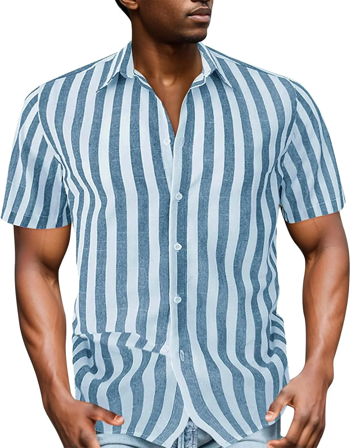 Mens Stripe Shirts, Cotton Bowling Shirts for Men Short Sleeve Button Down Shirts Tropical Holiday Beach Shirts