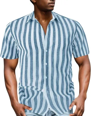 Mens Stripe Shirts, Cotton Bowling Shirts for Men Short Sleeve Button Down Shirts Tropical Holiday Beach Shirts