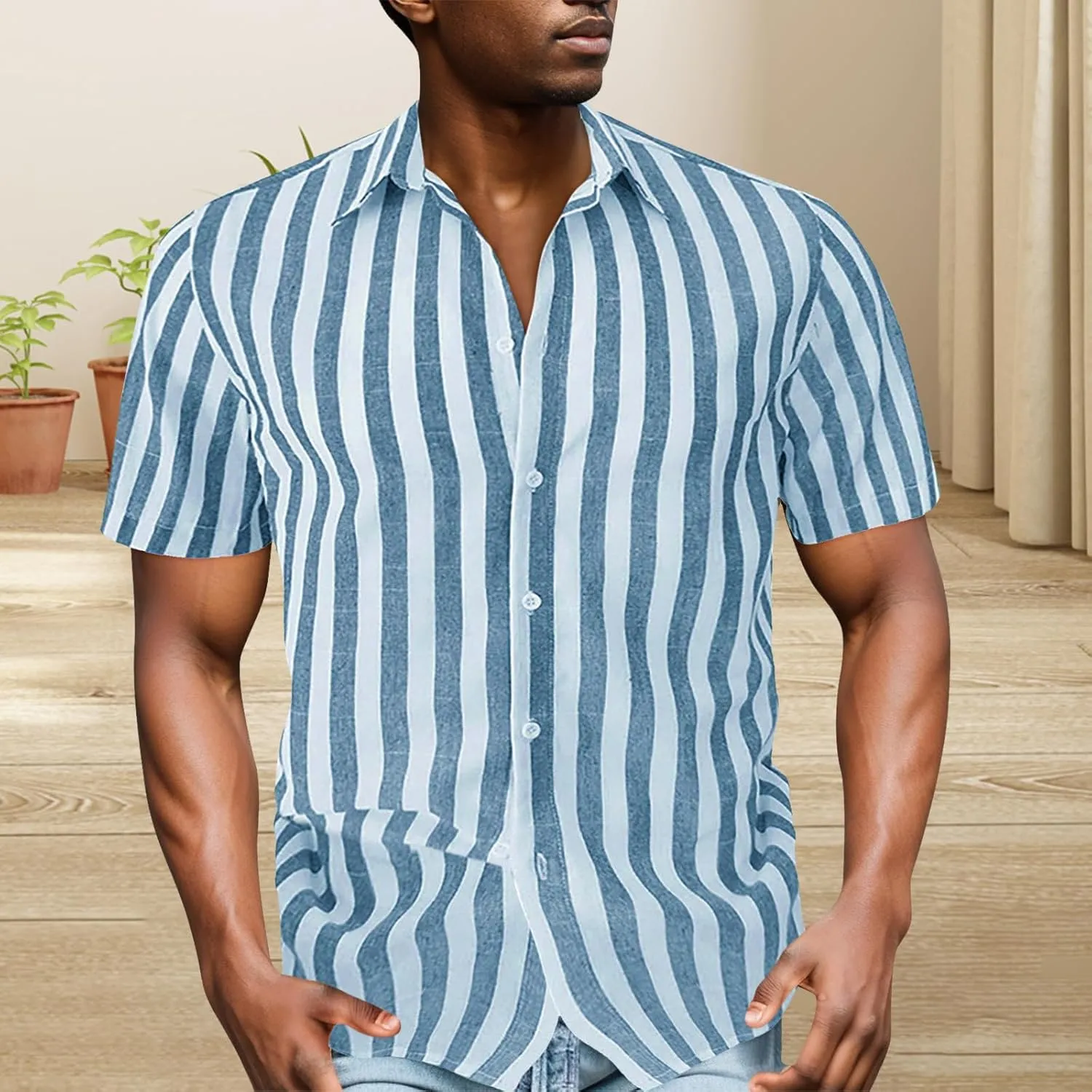 Mens Stripe Shirts, Cotton Bowling Shirts for Men Short Sleeve Button Down Shirts Tropical Holiday Beach Shirts