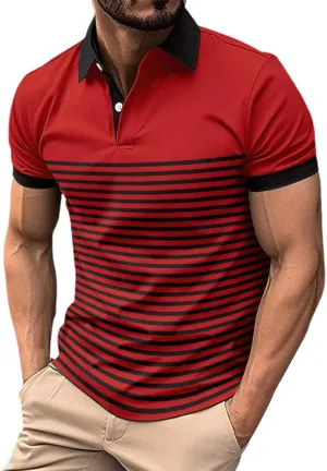 Mens Striped Polo Short Sleeve Shirt Casual Cotton Athletic Sports Going Out T-Shirts Button Up Moisture Wicking Tops