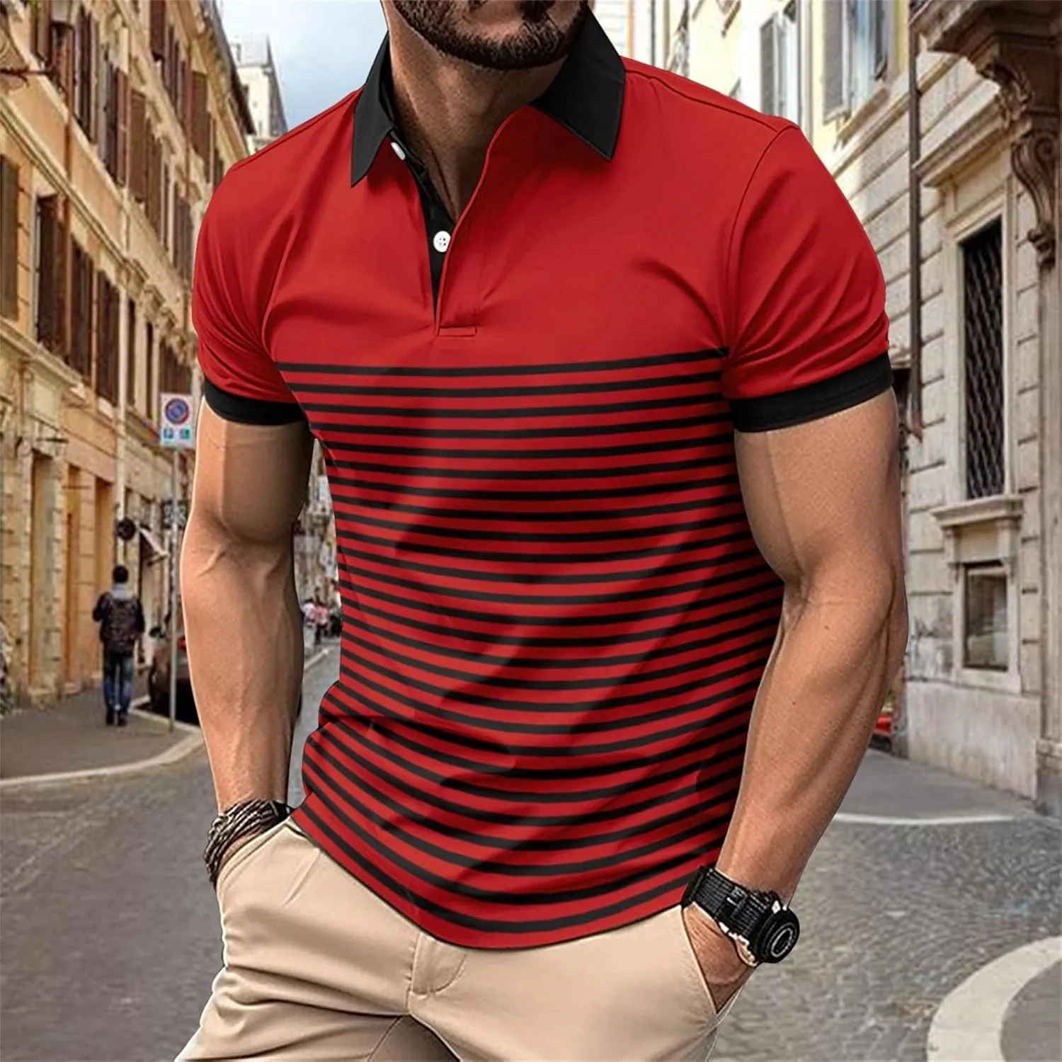 Mens Striped Polo Short Sleeve Shirt Casual Cotton Athletic Sports Going Out T-Shirts Button Up Moisture Wicking Tops