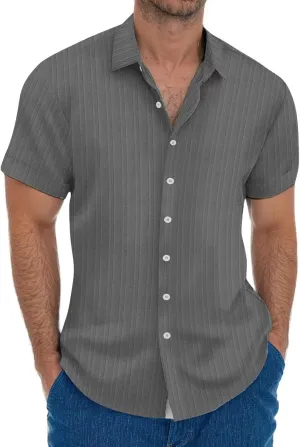 Men's Striped Wrinkle-Free Summer Beach Shirts Regular Fit Casual Short Sleeve Button Down Shirt
