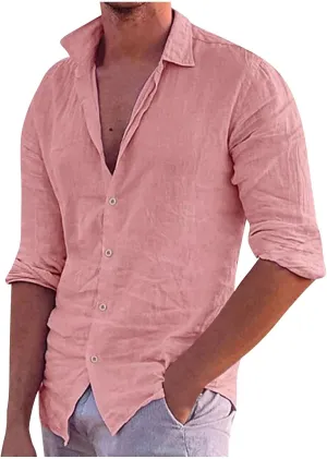 Men's Summer Cotton and Linen Shirt Beach Solid Color Lapel Shirt Spring Summer Outdoor