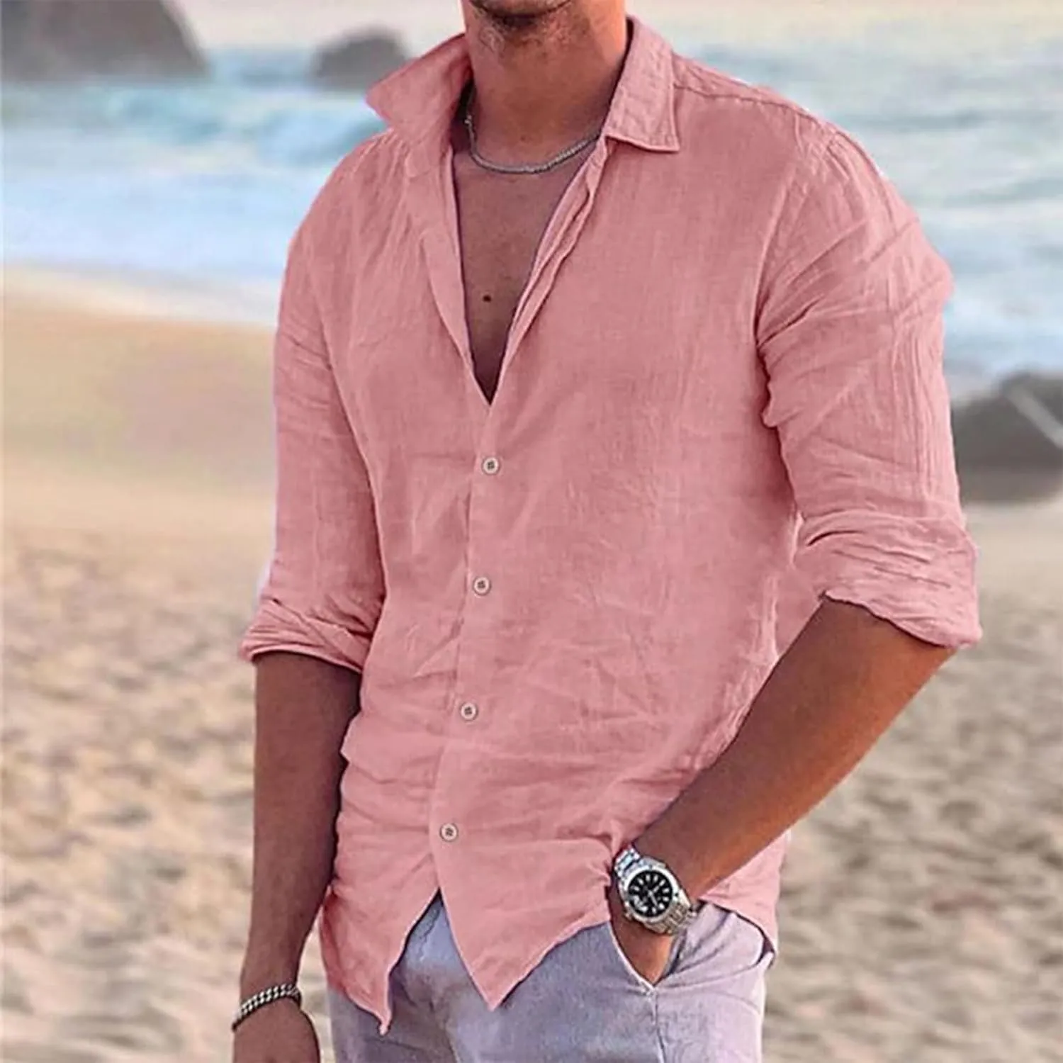 Men's Summer Cotton and Linen Shirt Beach Solid Color Lapel Shirt Spring Summer Outdoor