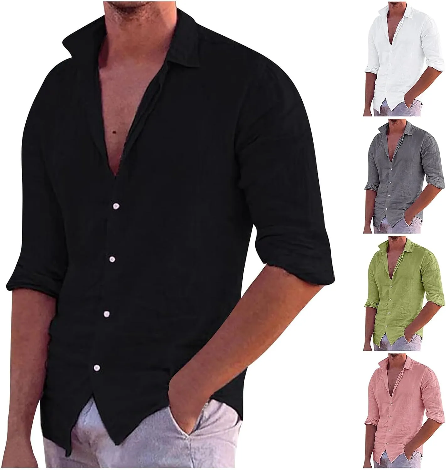Men's Summer Cotton and Linen Shirt Beach Solid Color Lapel Shirt Spring Summer Outdoor