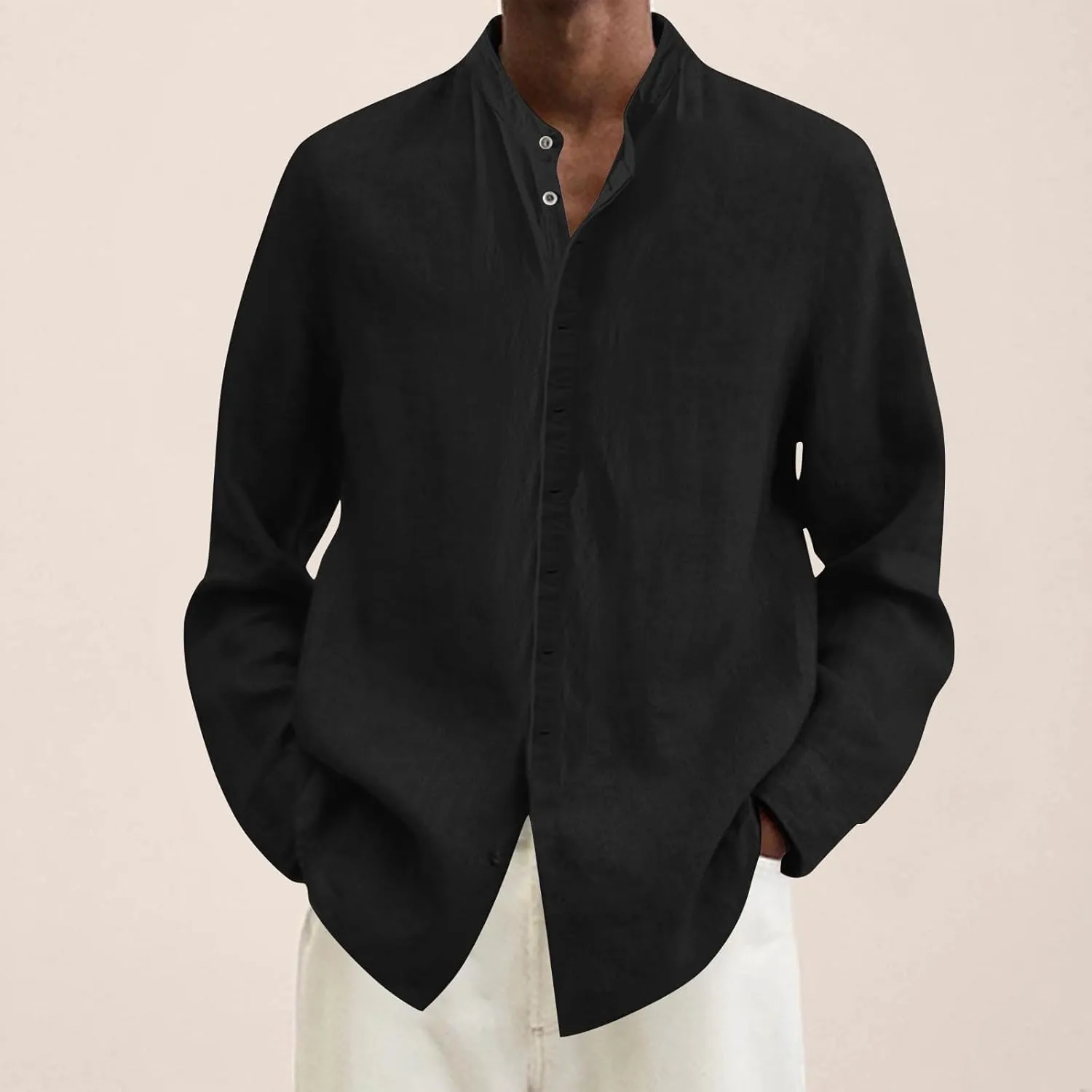 Mens Summer Cotton Linen Solid Casual Shirts Plus Size Loose Fit Turn Down Collar Long Sleeve Work Dress Shirt
