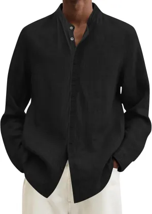 Mens Summer Cotton Linen Solid Casual Shirts Plus Size Loose Fit Turn Down Collar Long Sleeve Work Dress Shirt