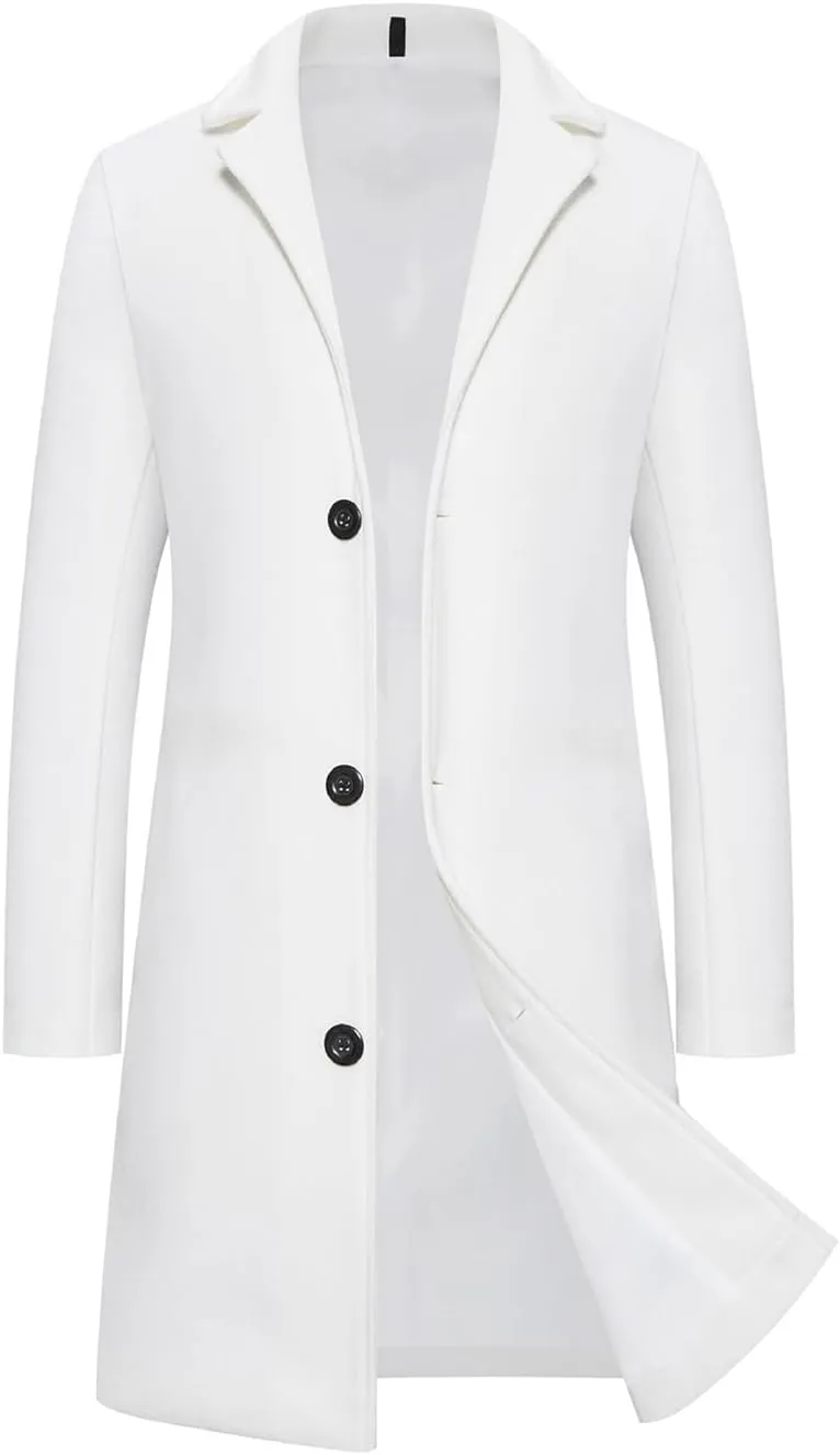 Men's Trench Overcoat Classic Single Breasted Mid Long Trench Coat Top Notched Lapel Collar Pea Coats Jackets for Men