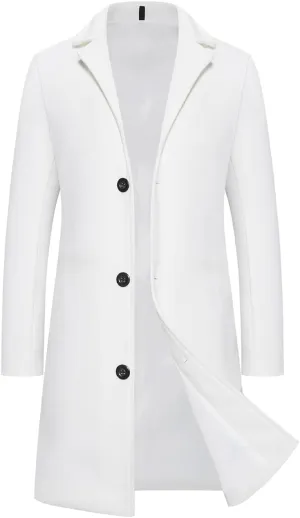 Men's Trench Overcoat Classic Single Breasted Mid Long Trench Coat Top Notched Lapel Collar Pea Coats Jackets for Men