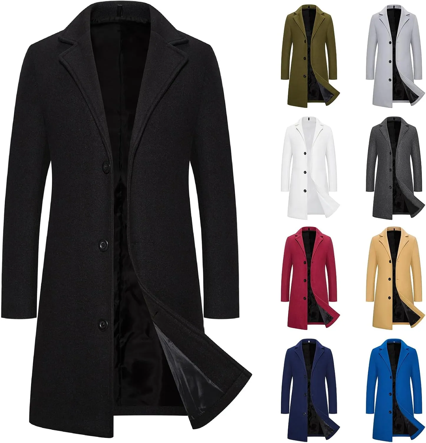 Men's Trench Overcoat Classic Single Breasted Mid Long Trench Coat Top Notched Lapel Collar Pea Coats Jackets for Men