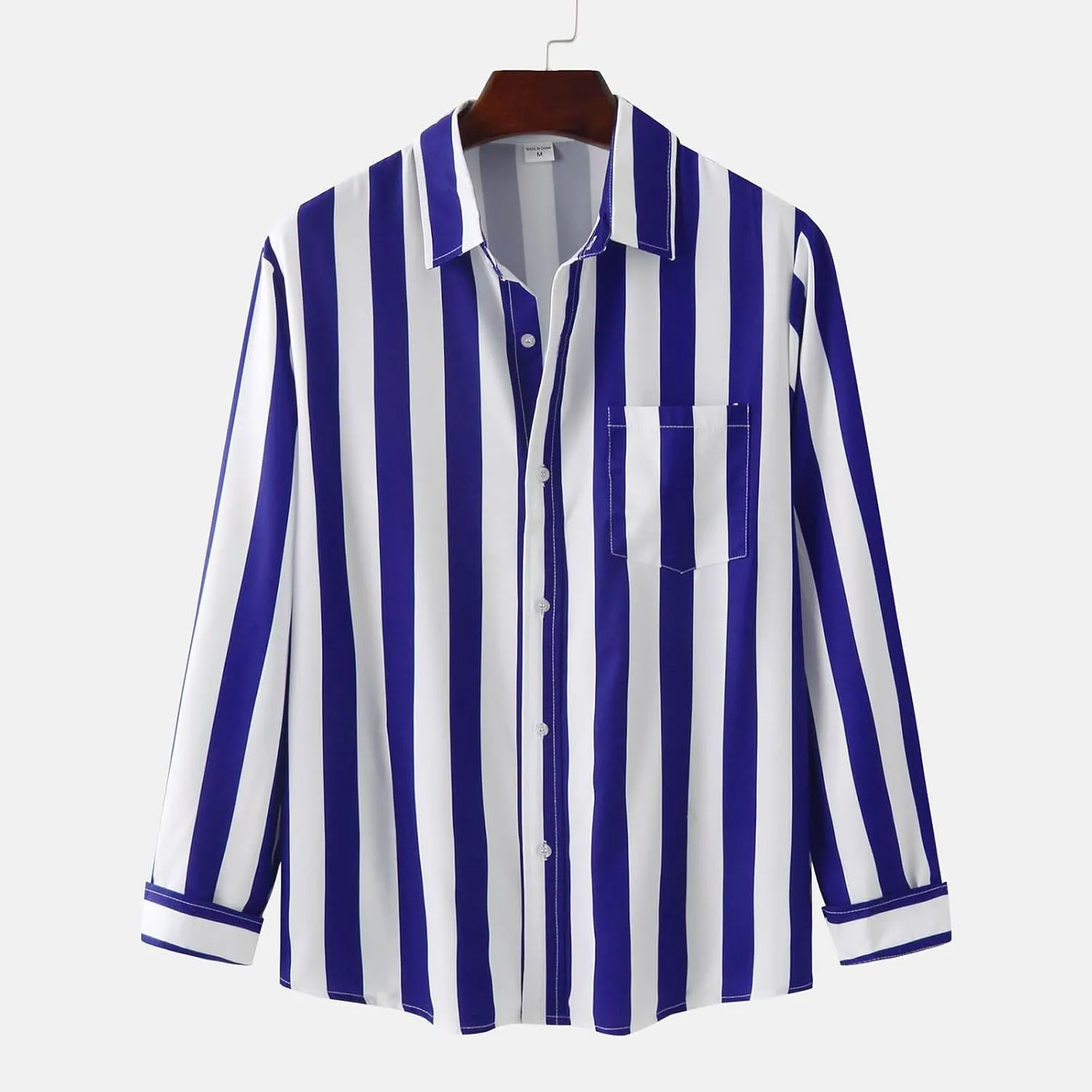 Mens Vertical Striped Shirts Long Sleeve Casual Button Down Shirt Trendy Baggy Summer Beach Tops with Pocket