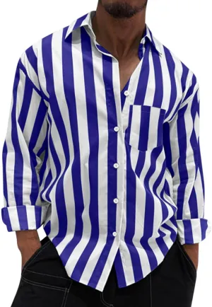 Mens Vertical Striped Shirts Long Sleeve Casual Button Down Shirt Trendy Baggy Summer Beach Tops with Pocket