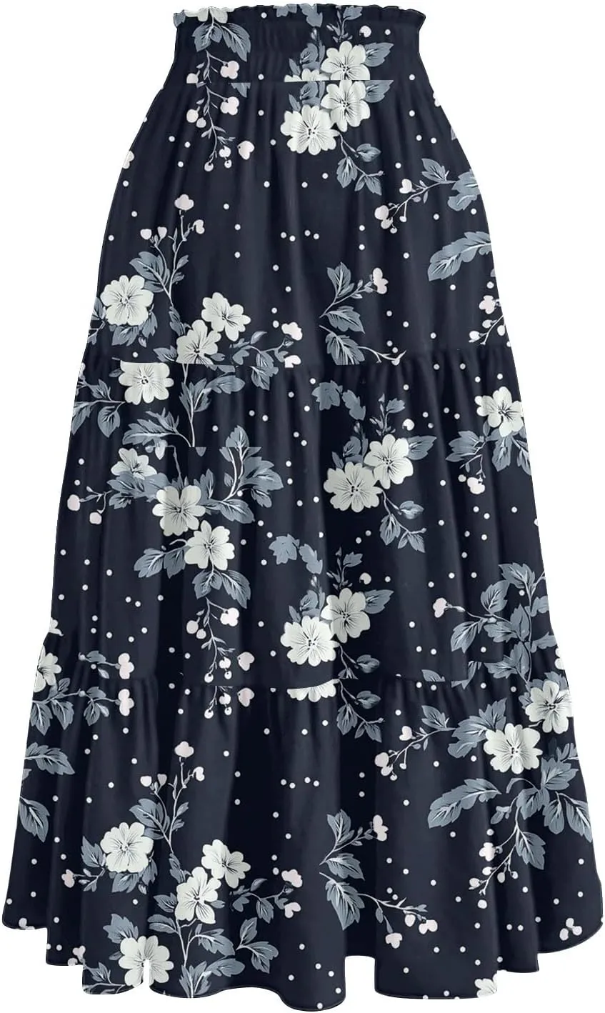 Midi Skirts for Women 2025 High Elastic Waisted Tiered Ruffle Skirt Flowy A Line Boho Floral Skirts Skorts with Pockets