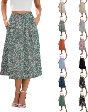 Midi Skirts for Women Trendy Summer Drawstring High Waisted Floral Boho Skirts Cute A Line Flowy Skirt with Pockets