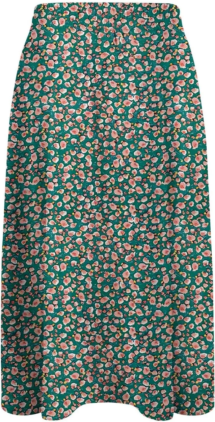 Midi Skirts for Women Trendy Summer Drawstring High Waisted Floral Boho Skirts Cute A Line Flowy Skirt with Pockets