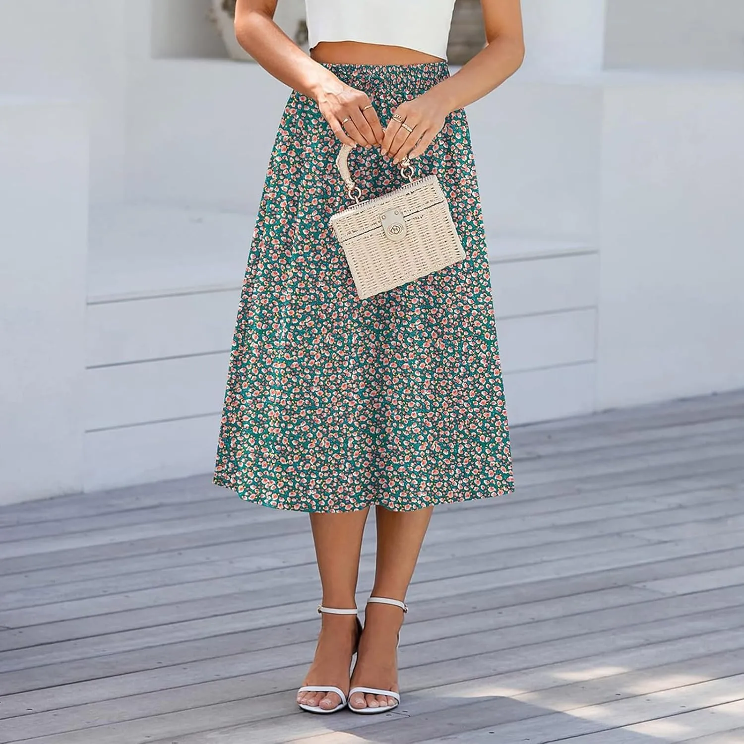 Midi Skirts for Women Trendy Summer Drawstring High Waisted Floral Boho Skirts Cute A Line Flowy Skirt with Pockets