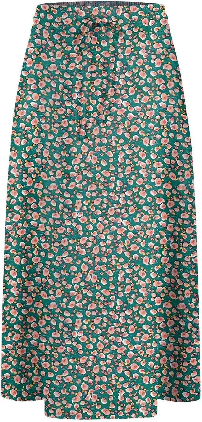Midi Skirts for Women Trendy Summer Drawstring High Waisted Floral Boho Skirts Cute A Line Flowy Skirt with Pockets