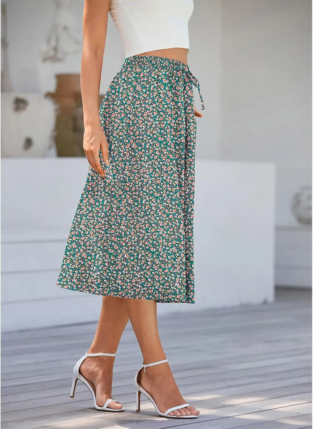 Midi Skirts for Women Trendy Summer Drawstring High Waisted Floral Boho Skirts Cute A Line Flowy Skirt with Pockets
