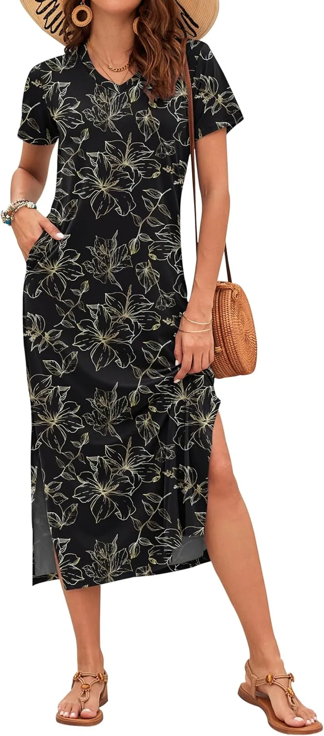 MISFAY Women Summer Midi Dresses Casual Loose Short Sleeve Dress Split Maxi Beach Sundress Travel Vacation Dress with Pockets