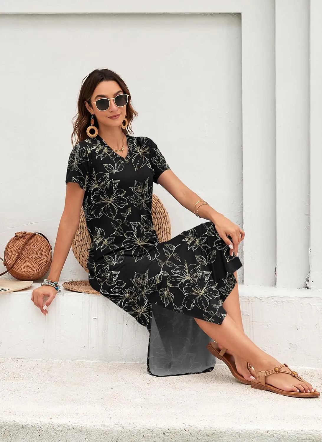 MISFAY Women Summer Midi Dresses Casual Loose Short Sleeve Dress Split Maxi Beach Sundress Travel Vacation Dress with Pockets