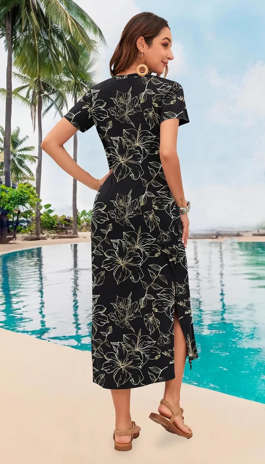 MISFAY Women Summer Midi Dresses Casual Loose Short Sleeve Dress Split Maxi Beach Sundress Travel Vacation Dress with Pockets