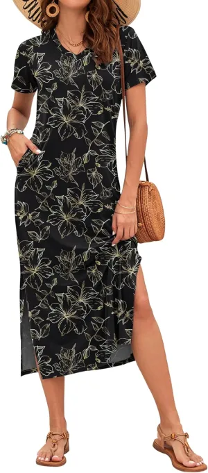 MISFAY Women Summer Midi Dresses Casual Loose Short Sleeve Dress Split Maxi Beach Sundress Travel Vacation Dress with Pockets