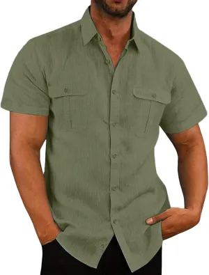 Muscularfit Mens Shirts Casual Stylish Short Sleeve Cotton Linen Button Down Shirt Fashion Lightweight Solid Beach Work Shirt