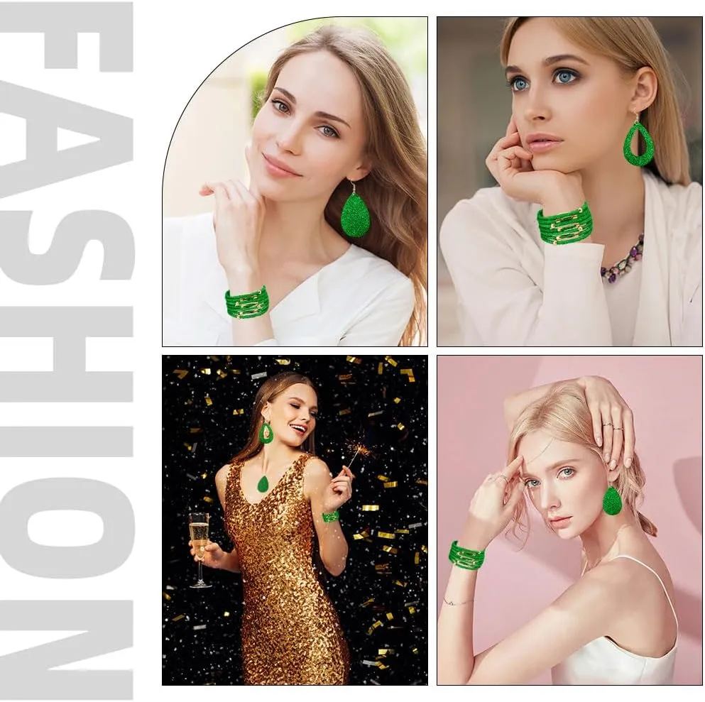 MystiCharm 4 Pieces Women's Glitter Jewelry Set Faux Leather Earrings Necklace Bracelet Christmas Accessories Decoration
