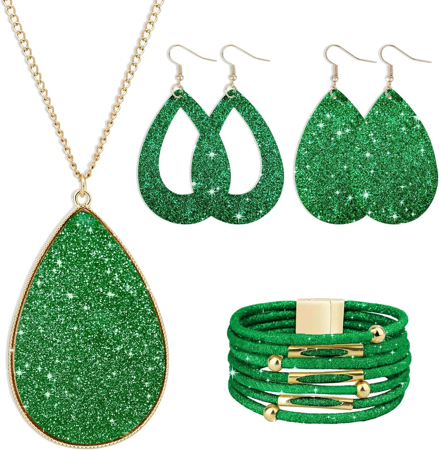 MystiCharm 4 Pieces Women's Glitter Jewelry Set Faux Leather Earrings Necklace Bracelet Christmas Accessories Decoration
