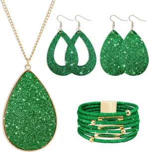 MystiCharm 4 Pieces Women's Glitter Jewelry Set Faux Leather Earrings Necklace Bracelet Christmas Accessories Decoration