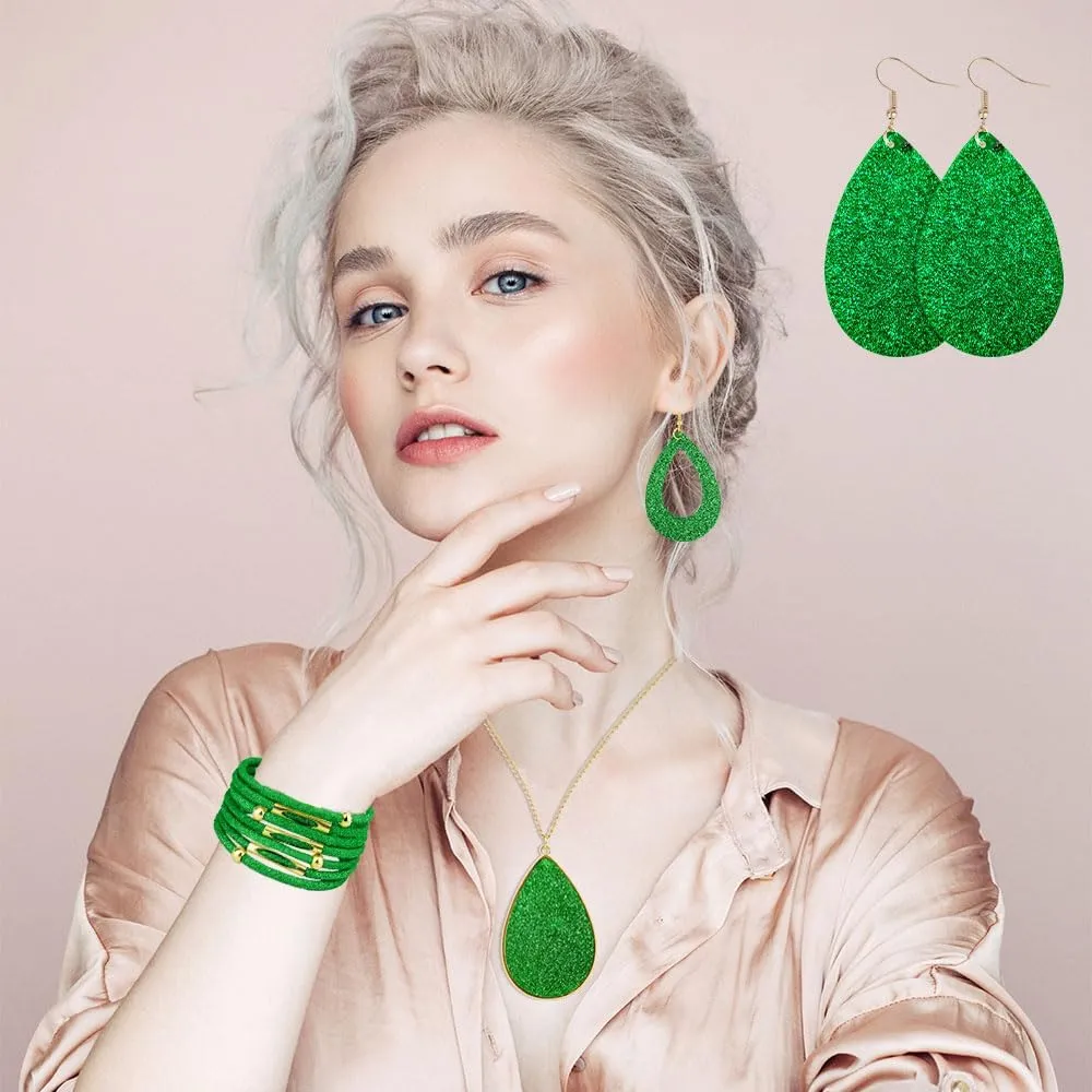 MystiCharm 4 Pieces Women's Glitter Jewelry Set Faux Leather Earrings Necklace Bracelet Christmas Accessories Decoration