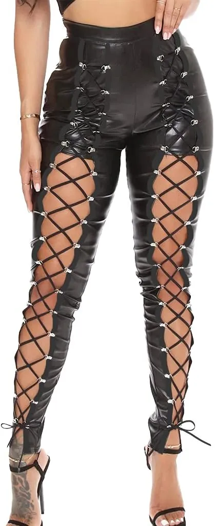 Nihsatin Fishnet Trim Lace Up PU Leather Pants Thin Lightweight Gothic Punk Leggings for Women