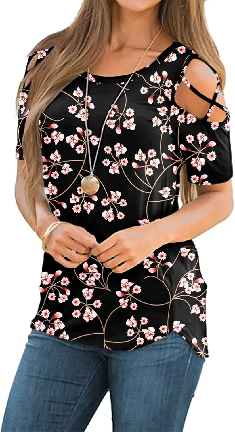 NILOUFO Womens Summer T Shirts Short Sleeve Tunic Strappy Cold Shoulder Tops