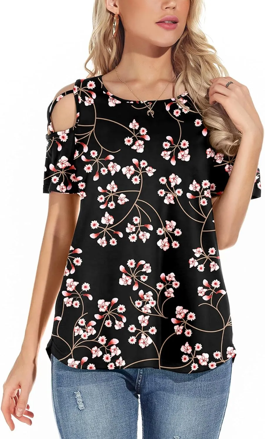 NILOUFO Womens Summer T Shirts Short Sleeve Tunic Strappy Cold Shoulder Tops