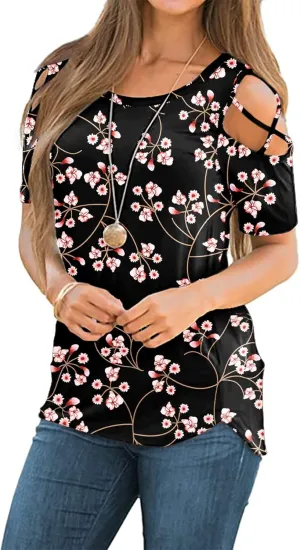 NILOUFO Womens Summer T Shirts Short Sleeve Tunic Strappy Cold Shoulder Tops