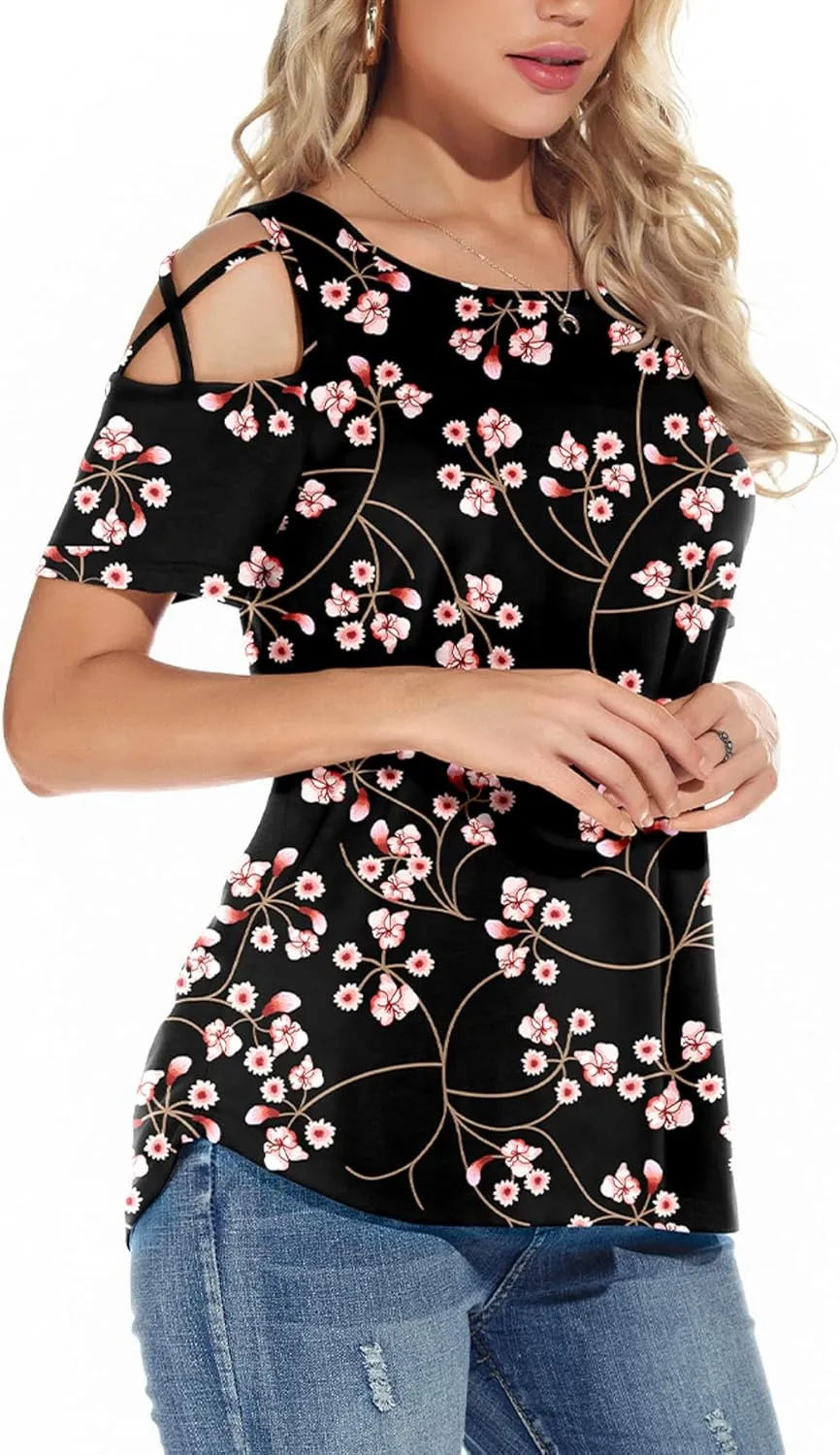 NILOUFO Womens Summer T Shirts Short Sleeve Tunic Strappy Cold Shoulder Tops