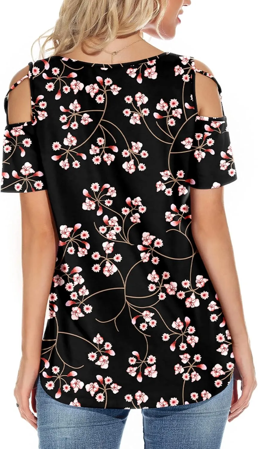 NILOUFO Womens Summer T Shirts Short Sleeve Tunic Strappy Cold Shoulder Tops